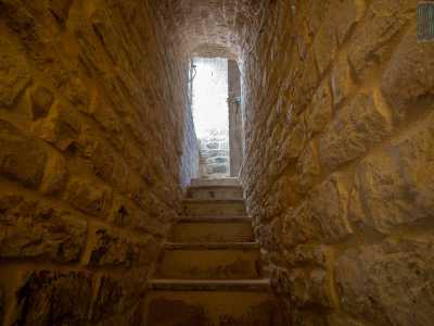 Risaliamo e ci dirigiamo verso il portale d�ingresso, l� dove si trova una porticina in legno. La apriamo e ci ritroviamo di fronte ad alcuni gradini in pietra che percorrendo la torre sinistra ci permettono di accedere al piano superiore della Basilica
